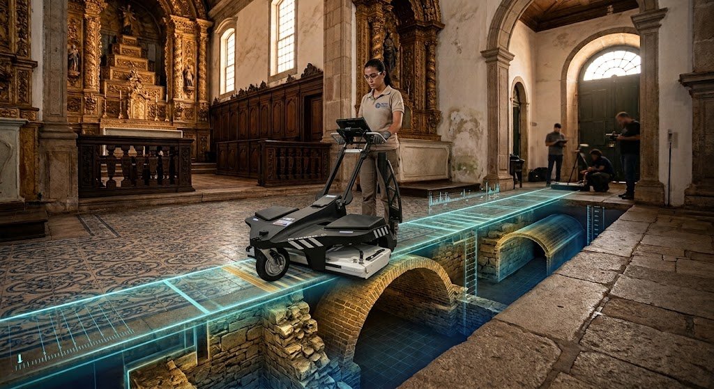 imagem ilustrando como funciona o georradar em patrimônios históricos, sendo tecnologia não destrutiva